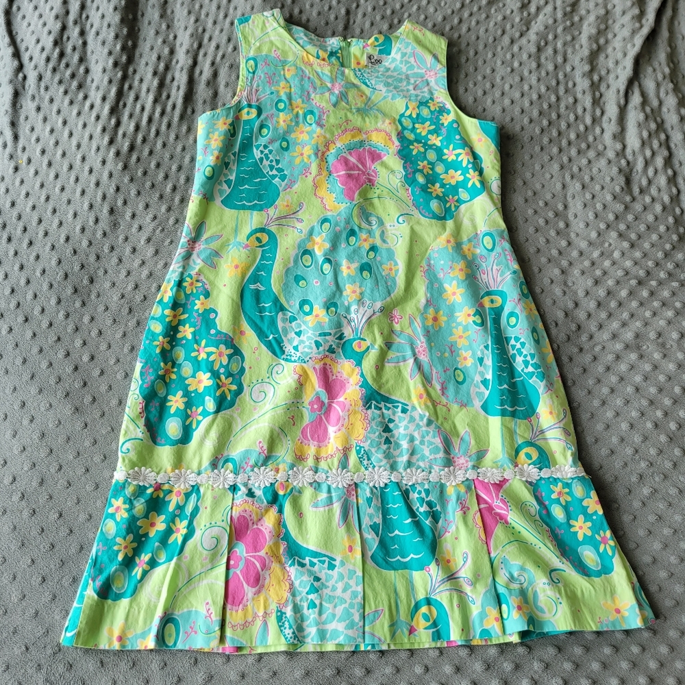 Lilly Pulitzer Early 2000s Girls Southern Belle Peacock Shift Dress Size…